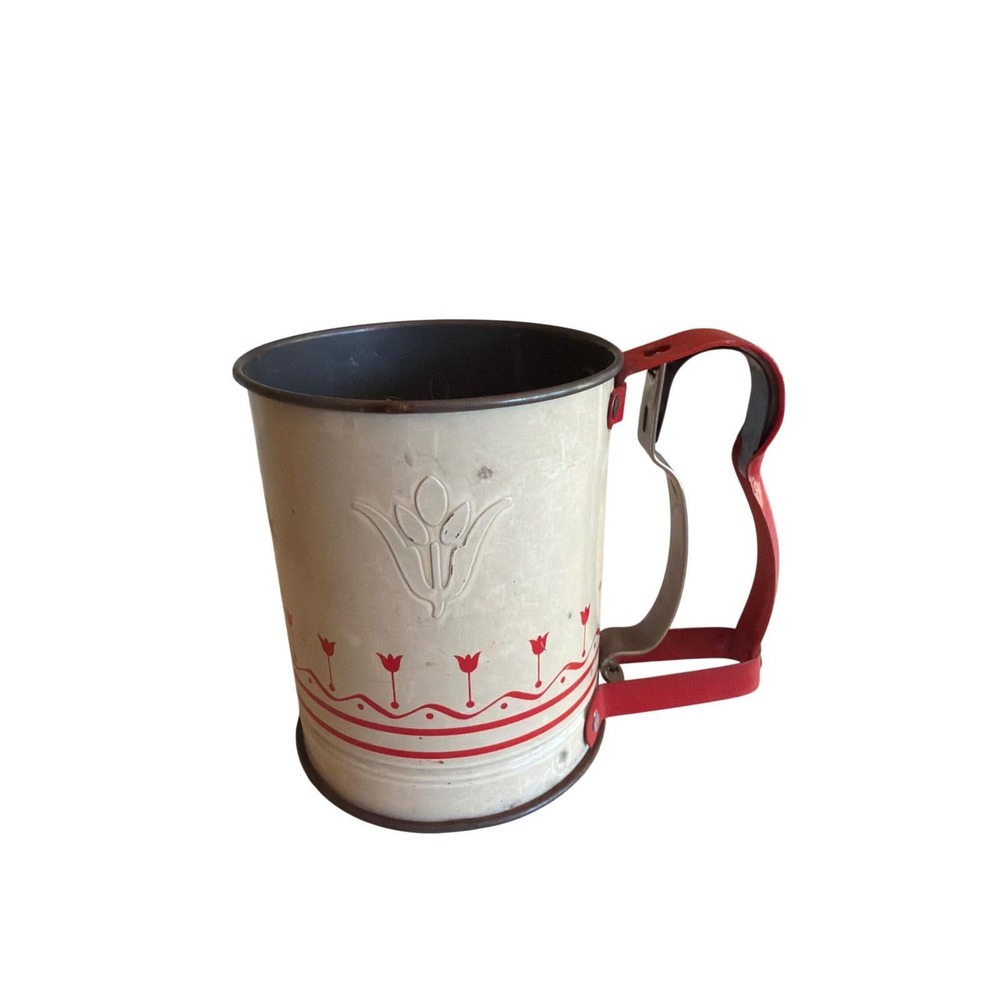 Androck Flour Sifter Cream Red Hand-i-Sift Jr Vintage Tulip Pattern Made in USA